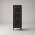 Mobile vetrina alto rettangolare con 1 anta e 1 cassetto in legno, vetro e metallo, nero e nero fumé, 55 × 40 × 190 cm
