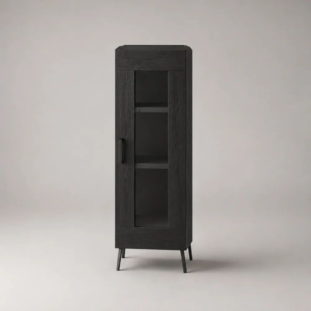 Mobile vetrina alto rettangolare con 1 anta e 1 cassetto in legno, vetro e metallo, nero e nero fumé, 55 × 40 × 190 cm